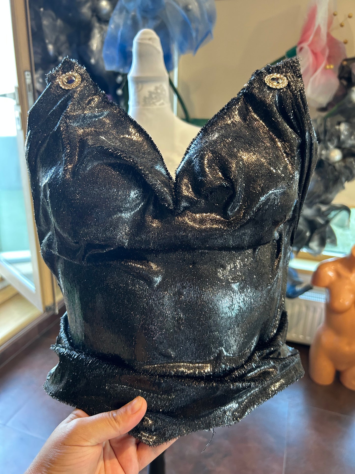 Black Shiny Corset top - Piesă Statement Unicat