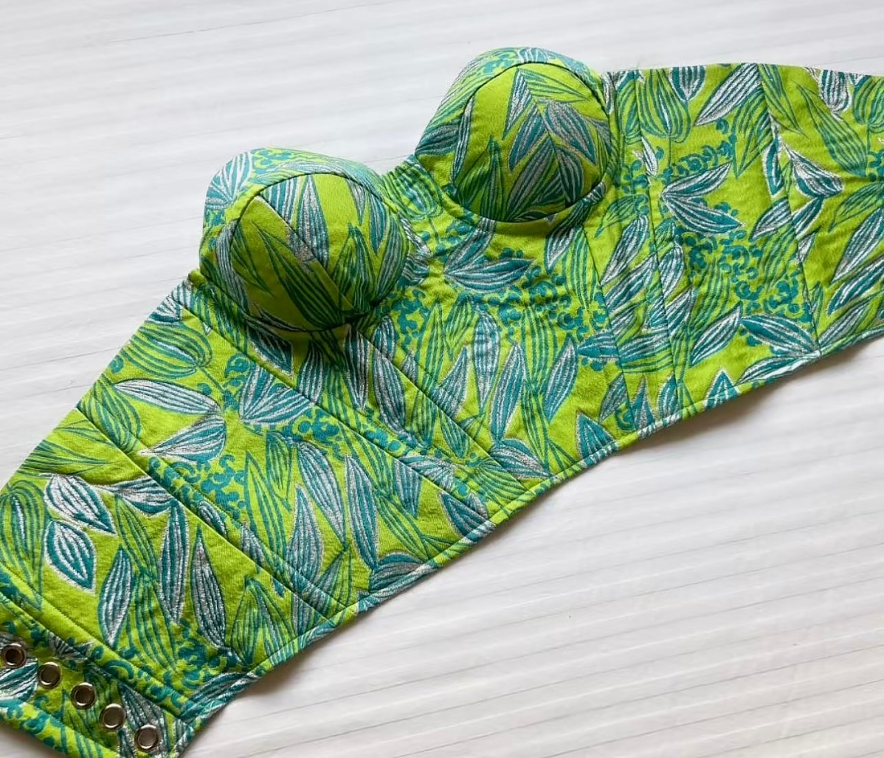 Corset Brocard Verde cu Inserții Argintii