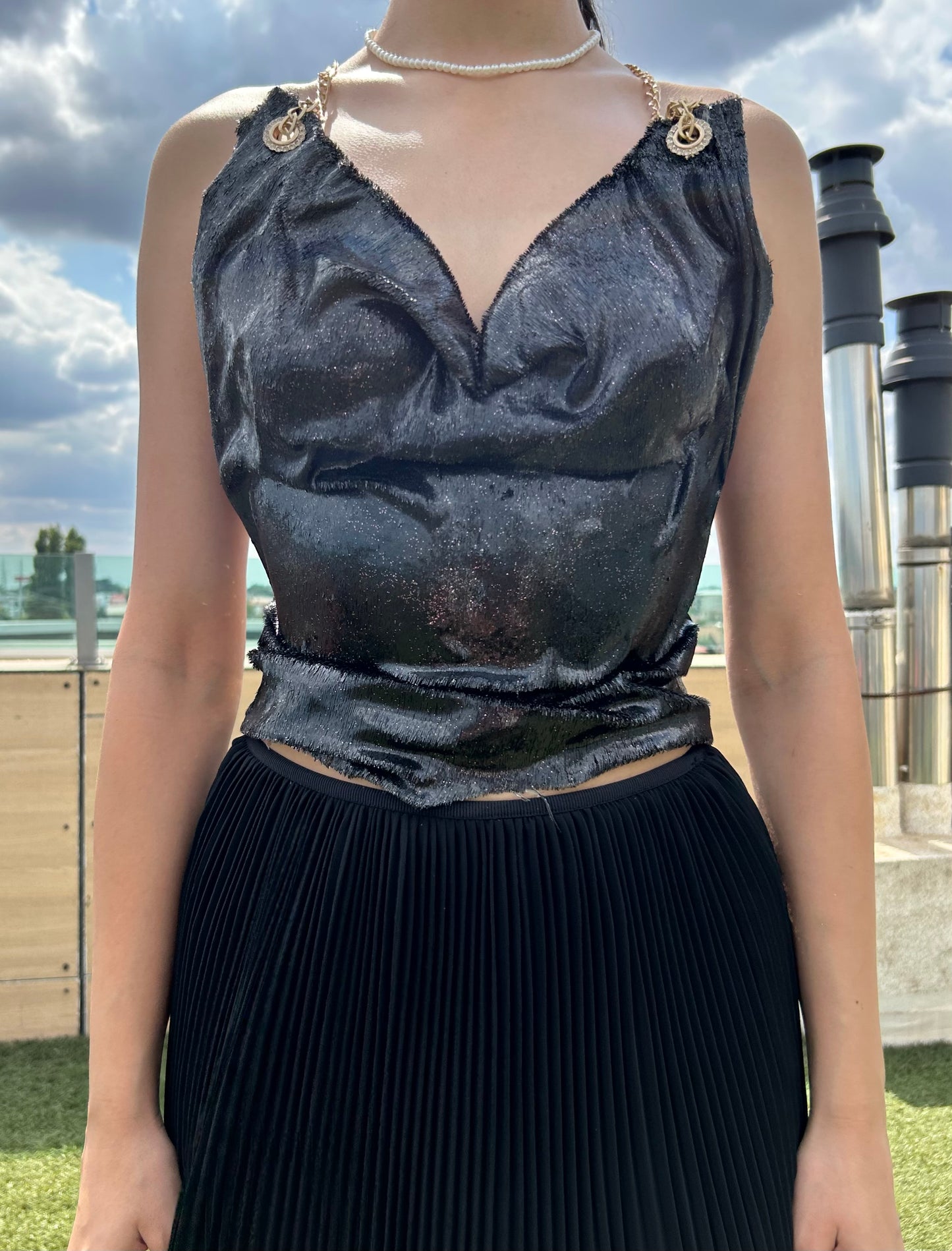 Black Shiny Corset top - Piesă Statement Unicat